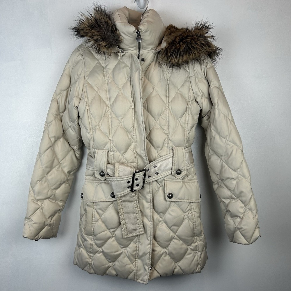 Laundry Down Puffer Coat Womens XS Beige Faux Fur Belted Minimalist Capsule